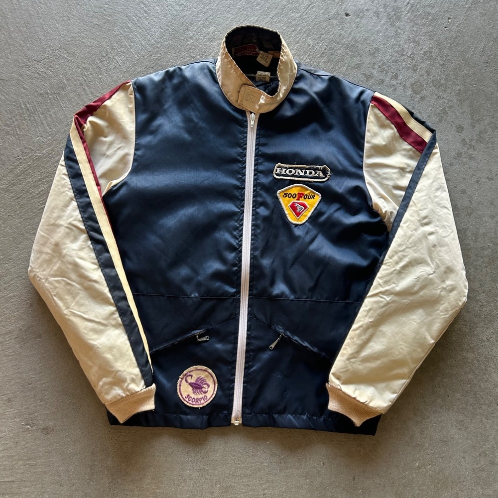 Vintage 70s Hondaline Motorcycle Racing Jacket Size Small Blue Honda Patches